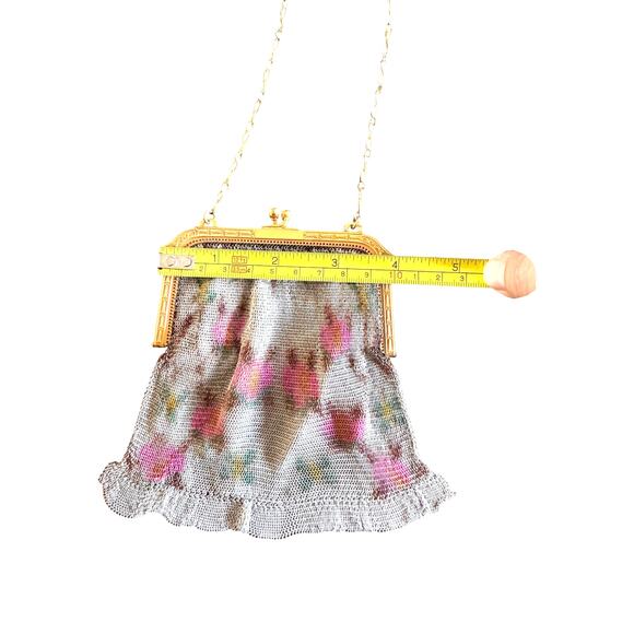 Whiting Davis Antique Mesh Purse White Flower Print 1920s Vintage Bag - Picture 9 of 10